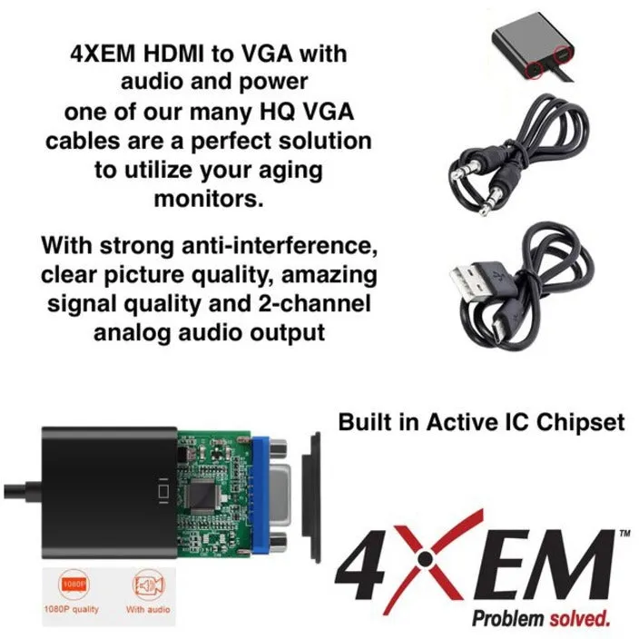 4XEM HDMI to VGA Adapter with Power and 3.5mm Audio Cable - Black 4XHDMIVGAAPB