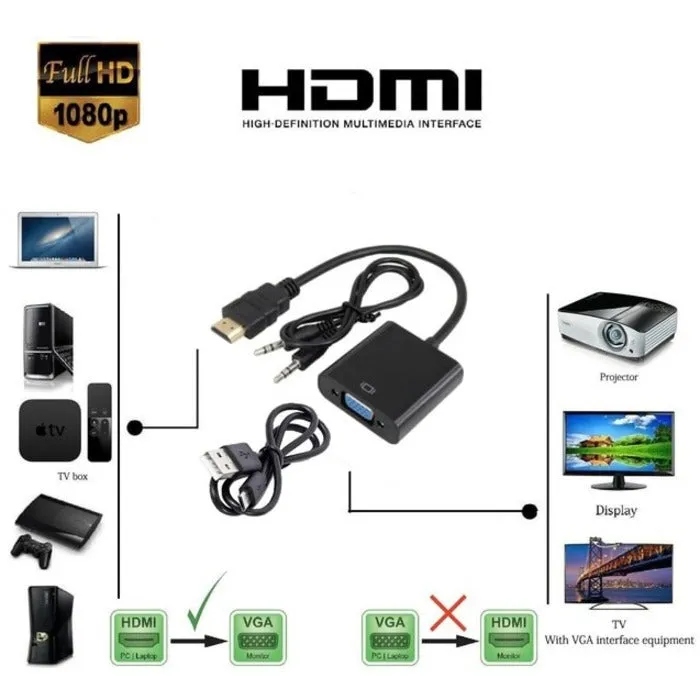 4XEM HDMI to VGA Adapter with Power and 3.5mm Audio Cable - Black 4XHDMIVGAAPB