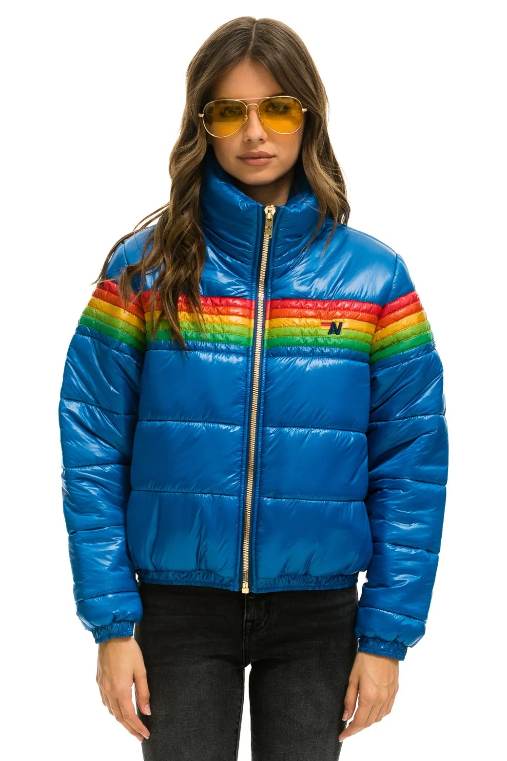 6 STRIPE LUXE APRES PUFFER JACKET - GLOSSY SNORKEL BLUE