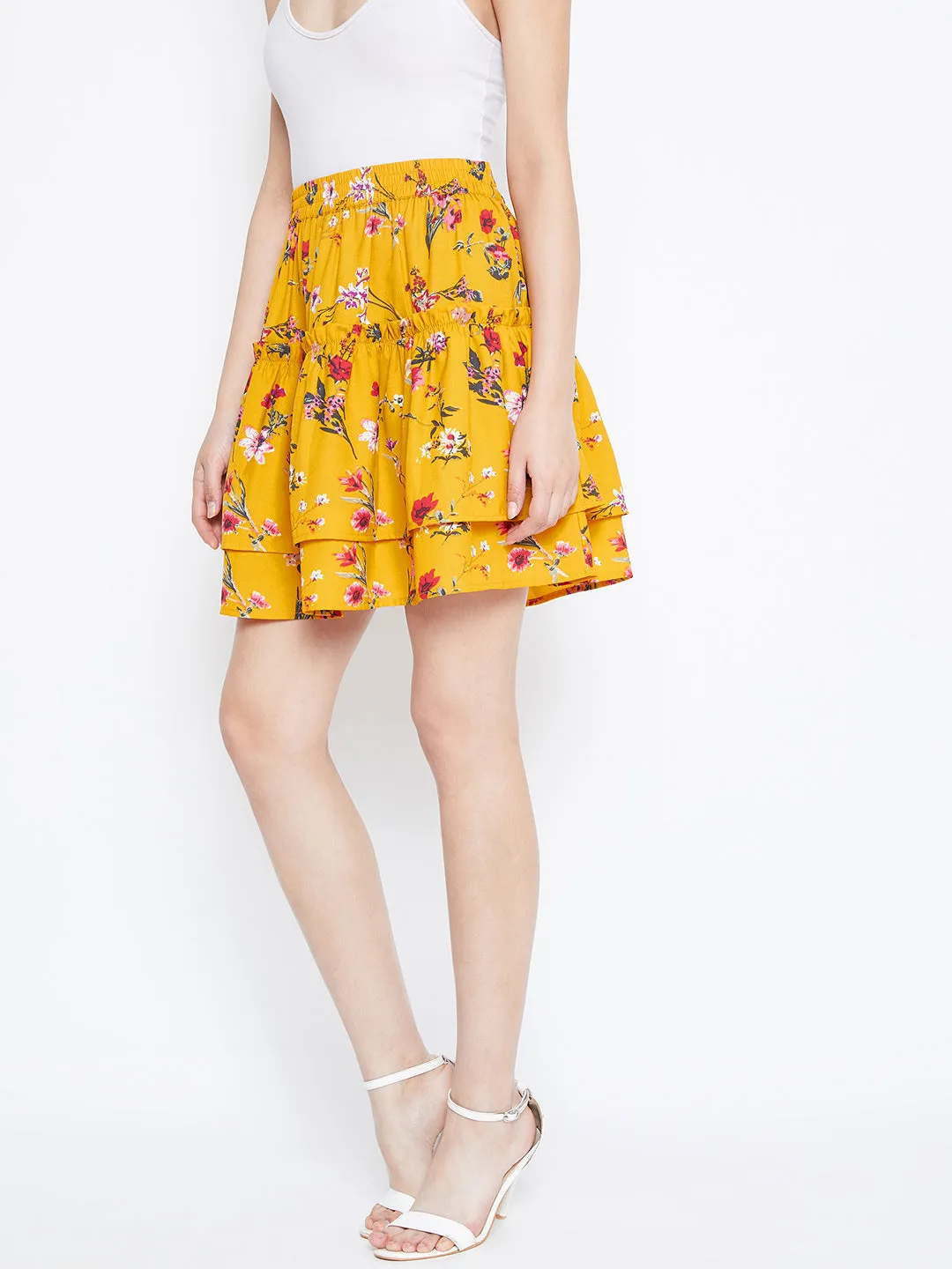 Berrylush Women Yellow Floral Print Layered Slip-On Mini Skirt