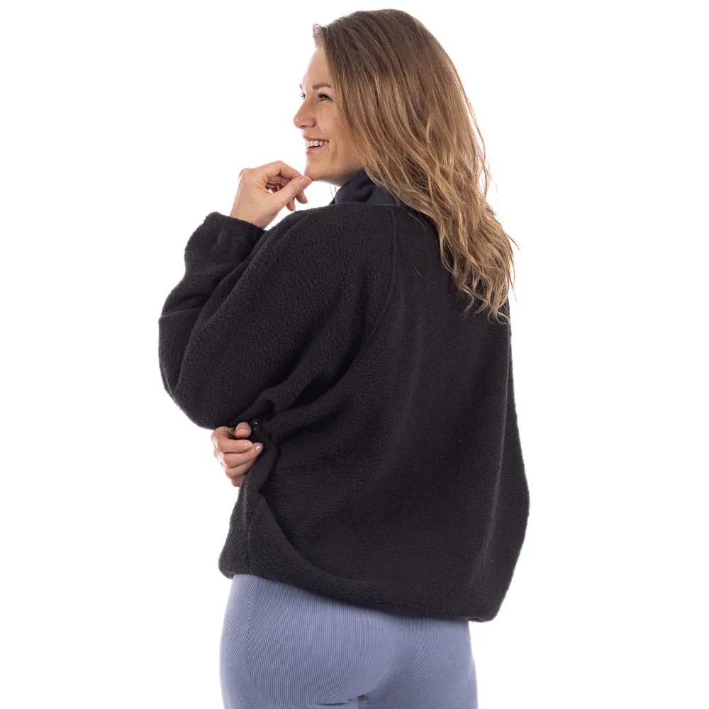 Black Buttoned Slouchy Wholesale Fleece Jacket