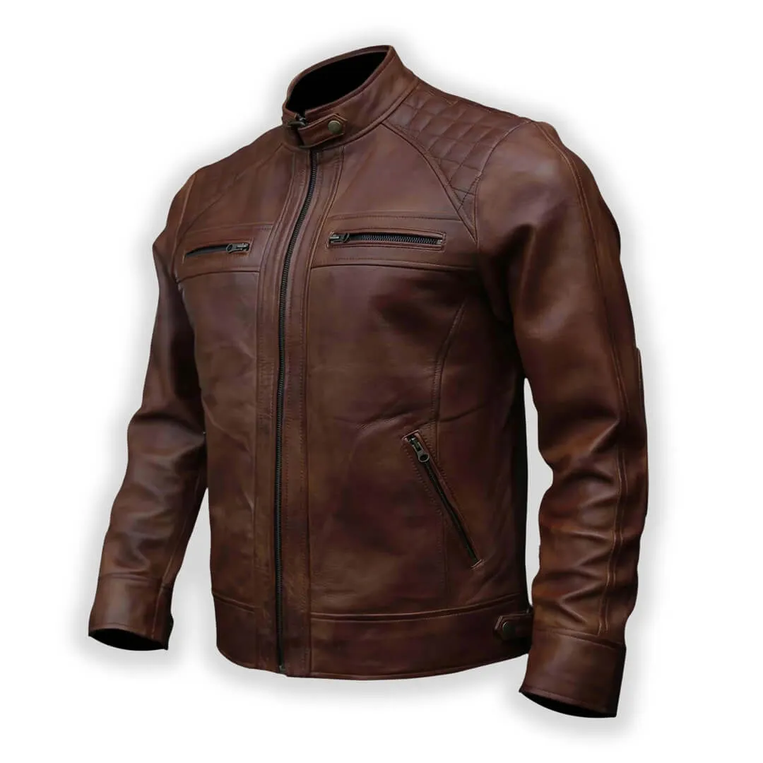 Brown Quilted Leather Racer Jacket