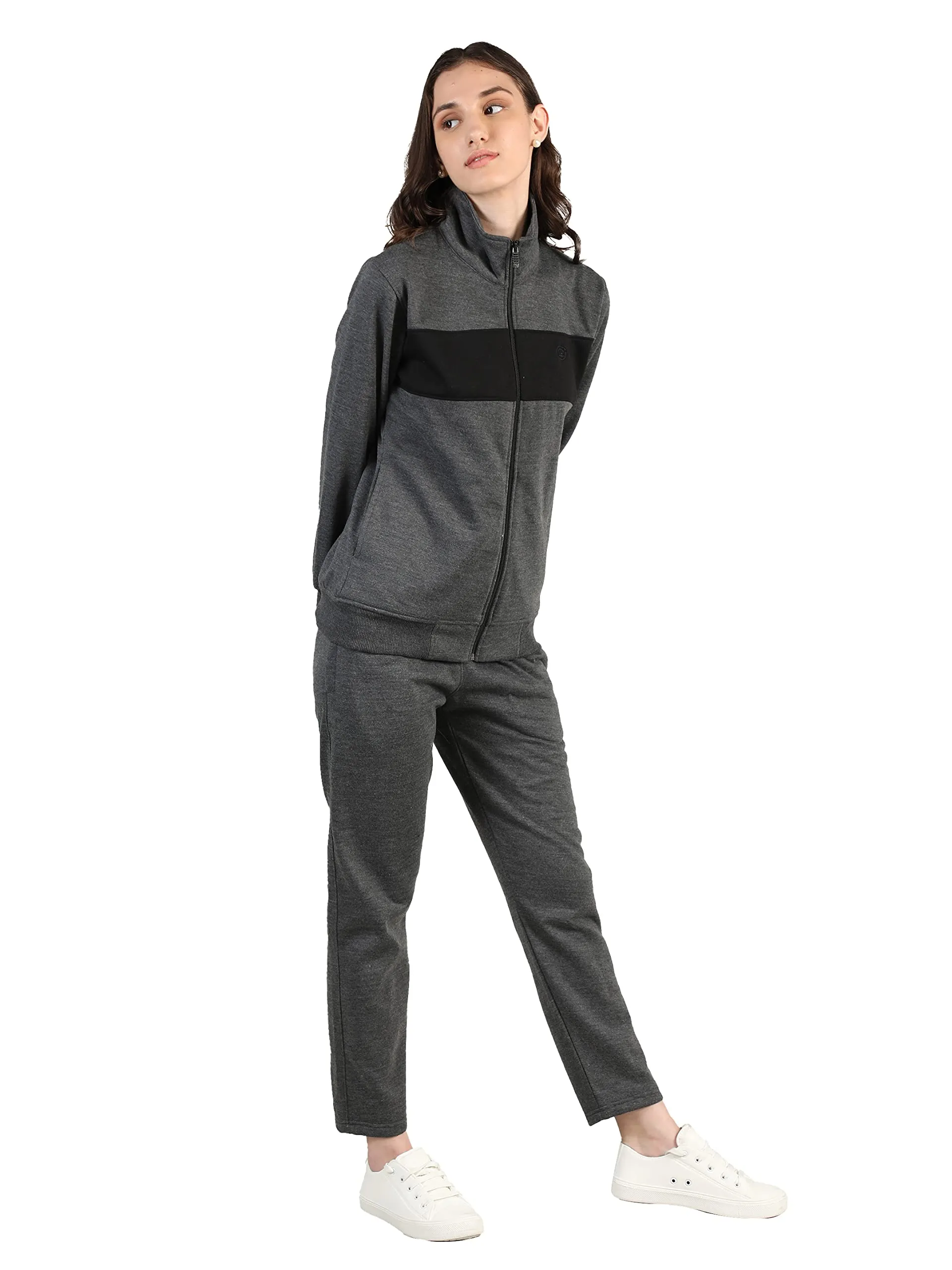 CHKOKKO Women Winter Zipper Running Track Suit Set EcruNavy XXL