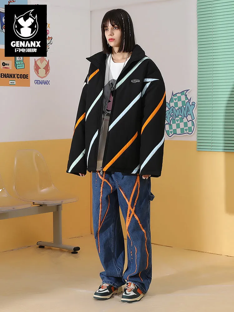 Contrasting color diagonal stripe printed label drop cuff stretch rope hem cotton-padded jacket