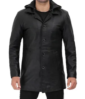 Devine Men's Black Leather Jacket with Hood