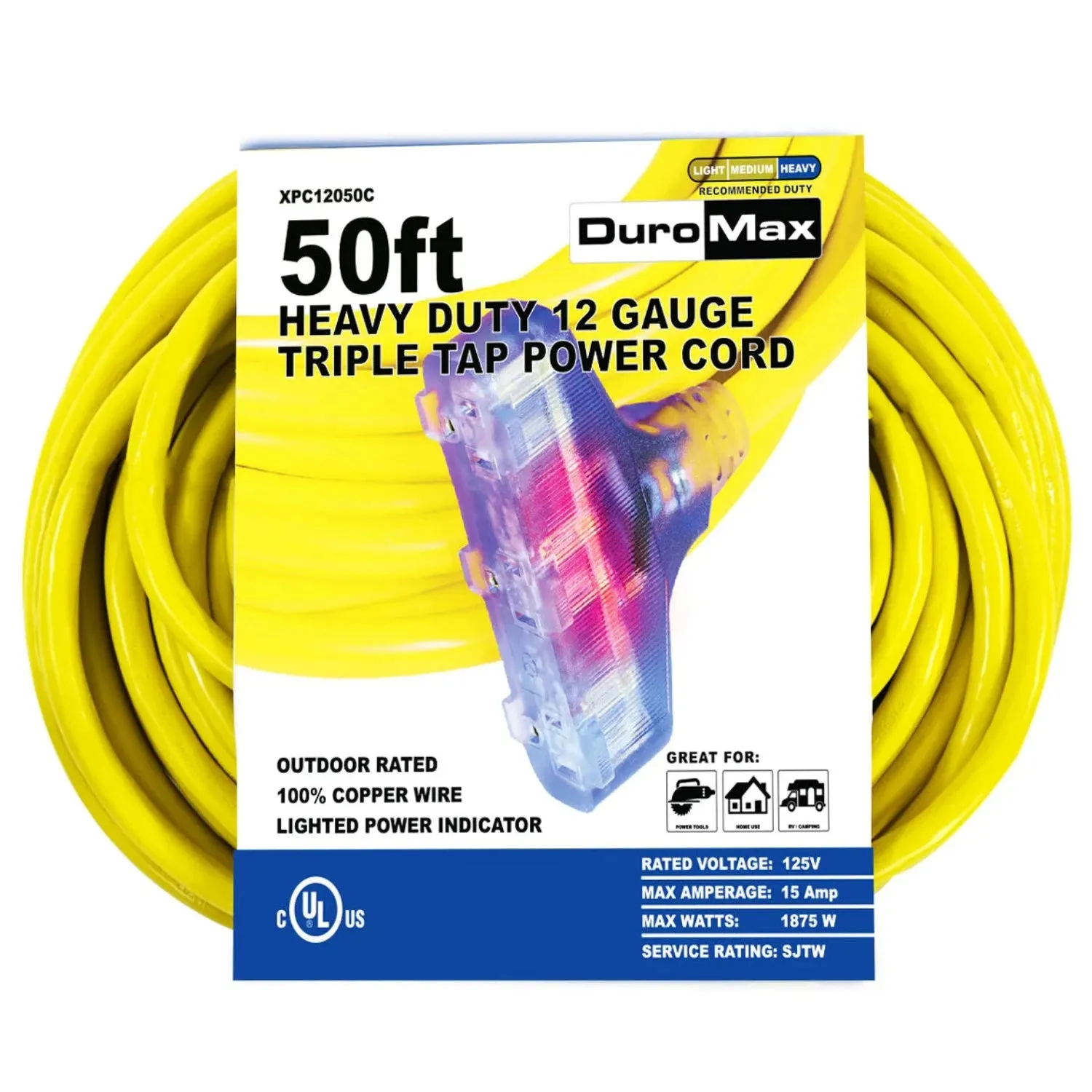 DuroMax 50-Foot 12 Gauge Triple Tap Extension Power Cord