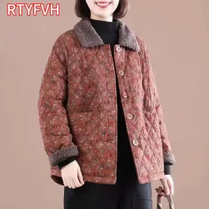 Female Autumn Winter Loose Short Cotton-padded Jacket Women Floral Coat Cotton-padded Jacket Middle-aged Cotton Linen Jacket