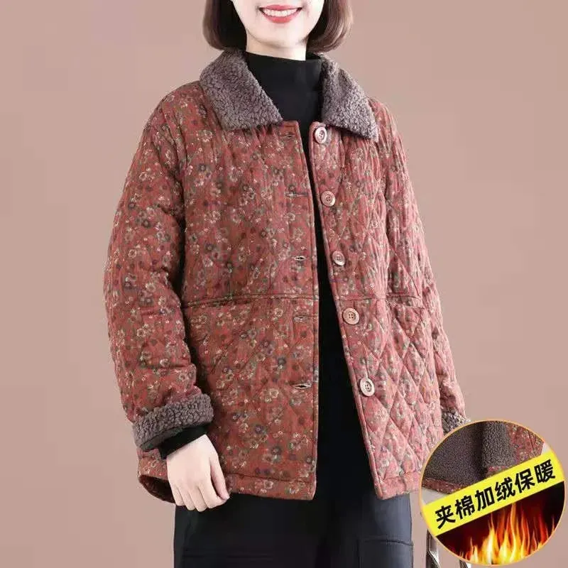 Female Autumn Winter Loose Short Cotton-padded Jacket Women Floral Coat Cotton-padded Jacket Middle-aged Cotton Linen Jacket