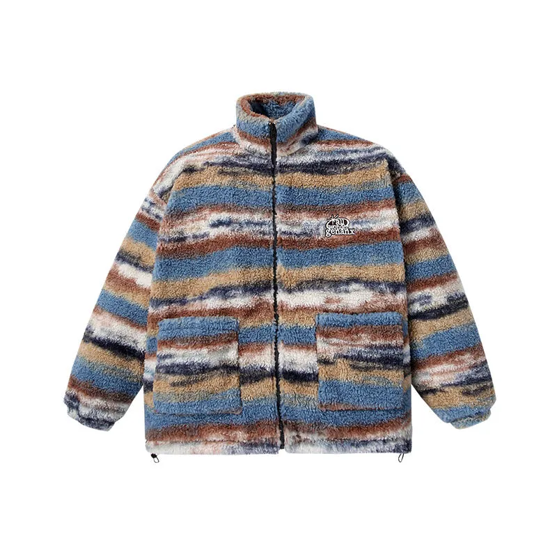 Fleece-wool cotton jacket with accent colour gradient embroidered stand-up collar with sleeved stretch rope