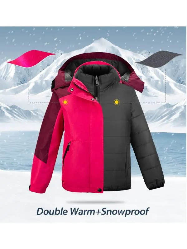 Girls 3 in 1 Waterproof Ski Jacket Warm Fleece Hooded Coat