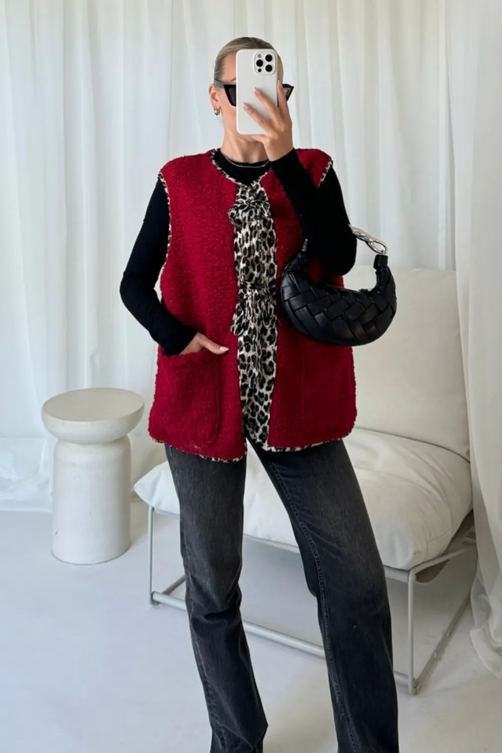 Hannah burgundy teddy leopard gilet