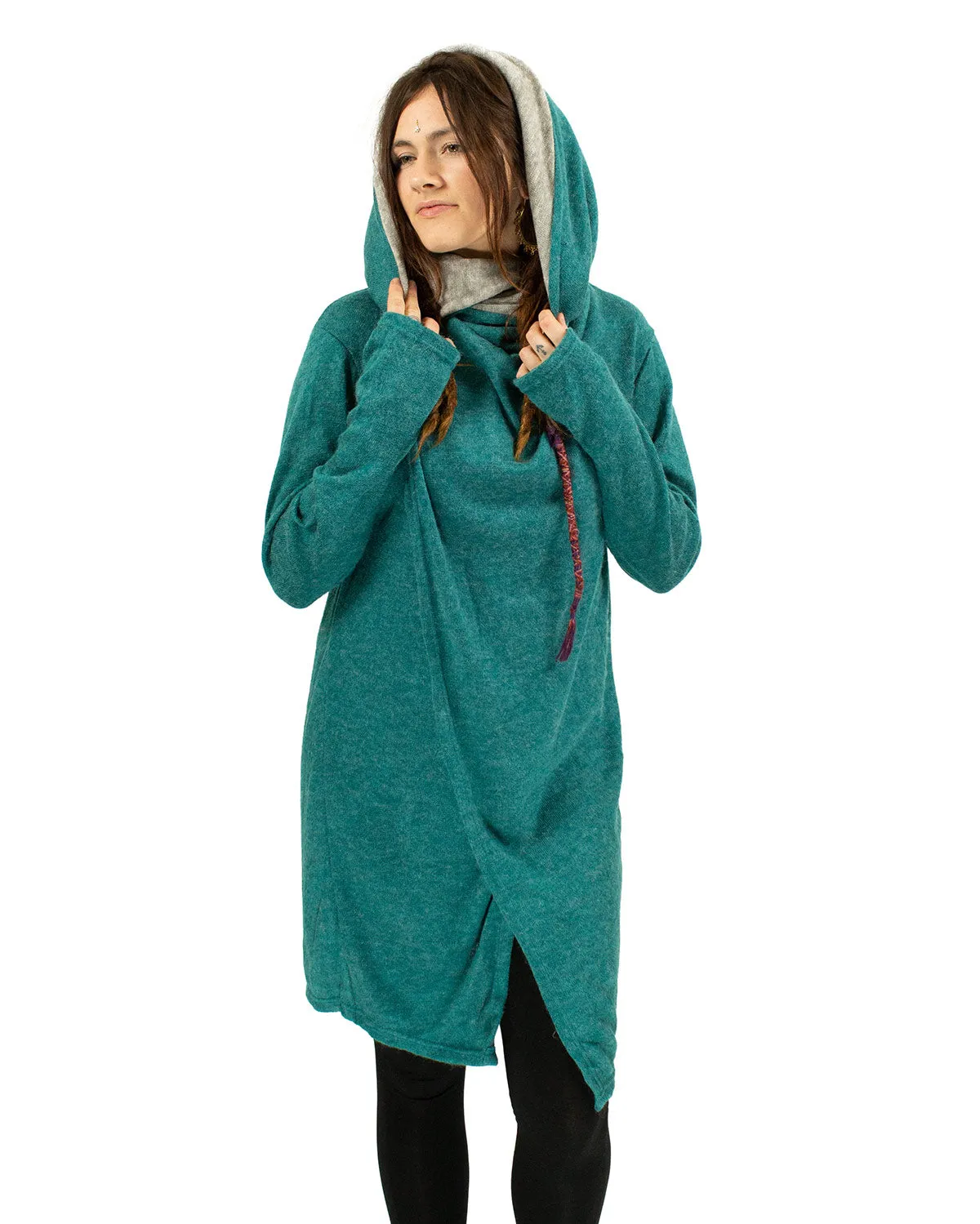 HOODED LONG CARDIGAN JACKET TURQUOISE