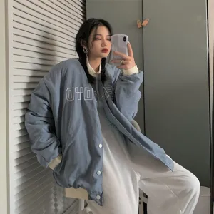 Joskaa 2024 Autumn winter Women Oversized Baseball Jacket Couple Korean Letter Embroidery Thick Baseball Uniform Padded Goth streetwear