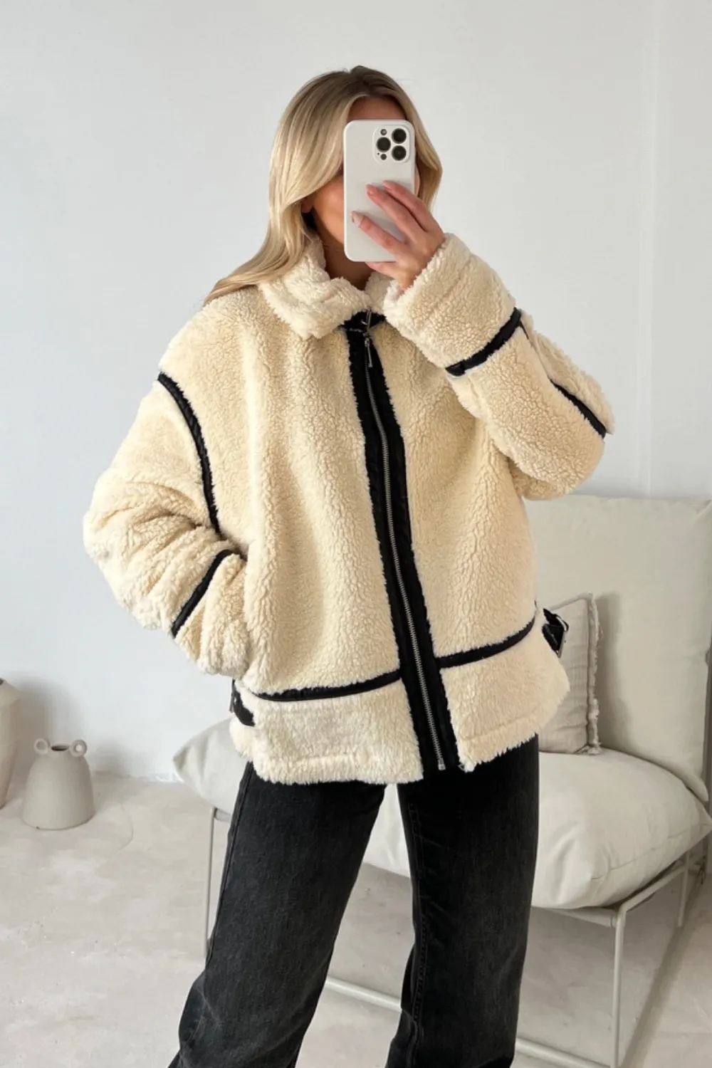 Kiera cream teddy aviator jacket