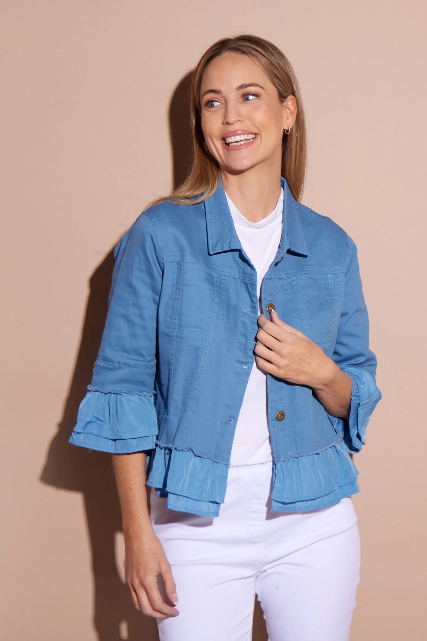 Leelah Cropped Ruffle Denim Jacket - Blue