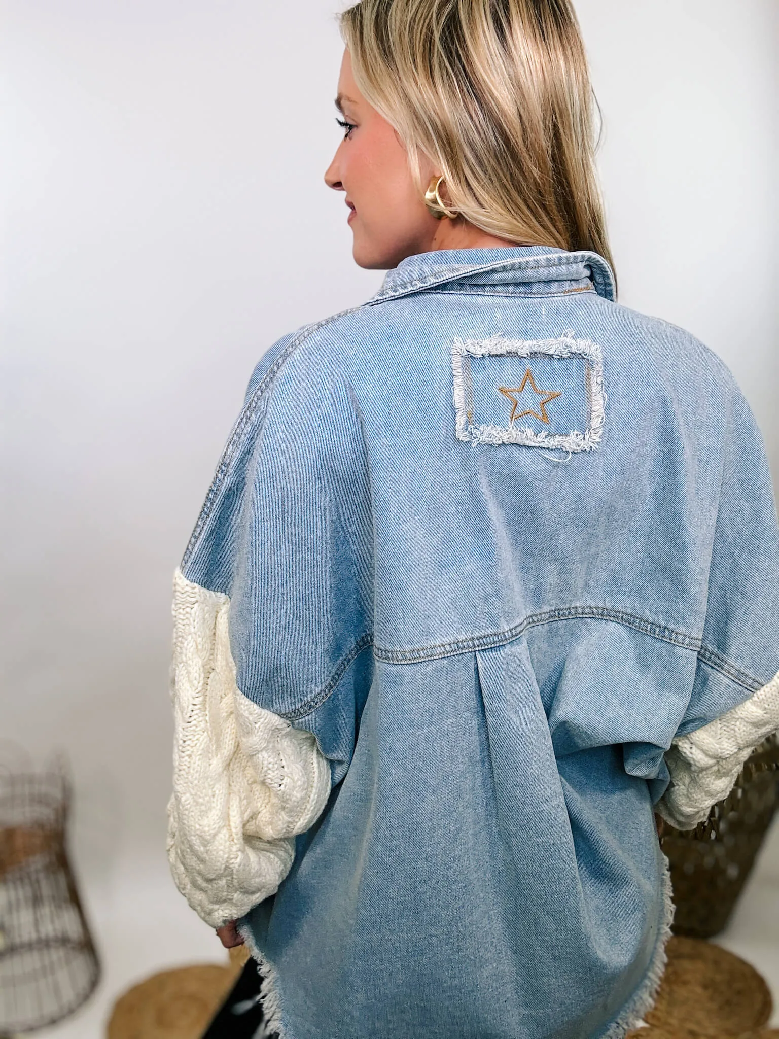 Light Denim Jacket with Cream Sweater Sleeves by POL