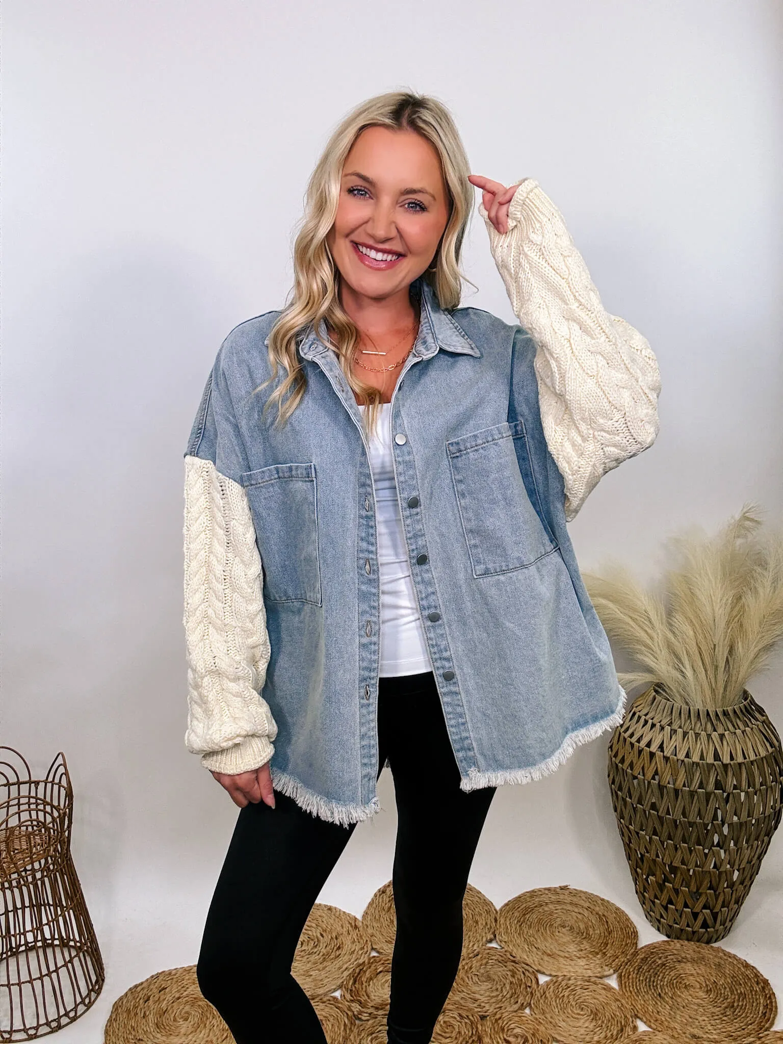 Light Denim Jacket with Cream Sweater Sleeves by POL