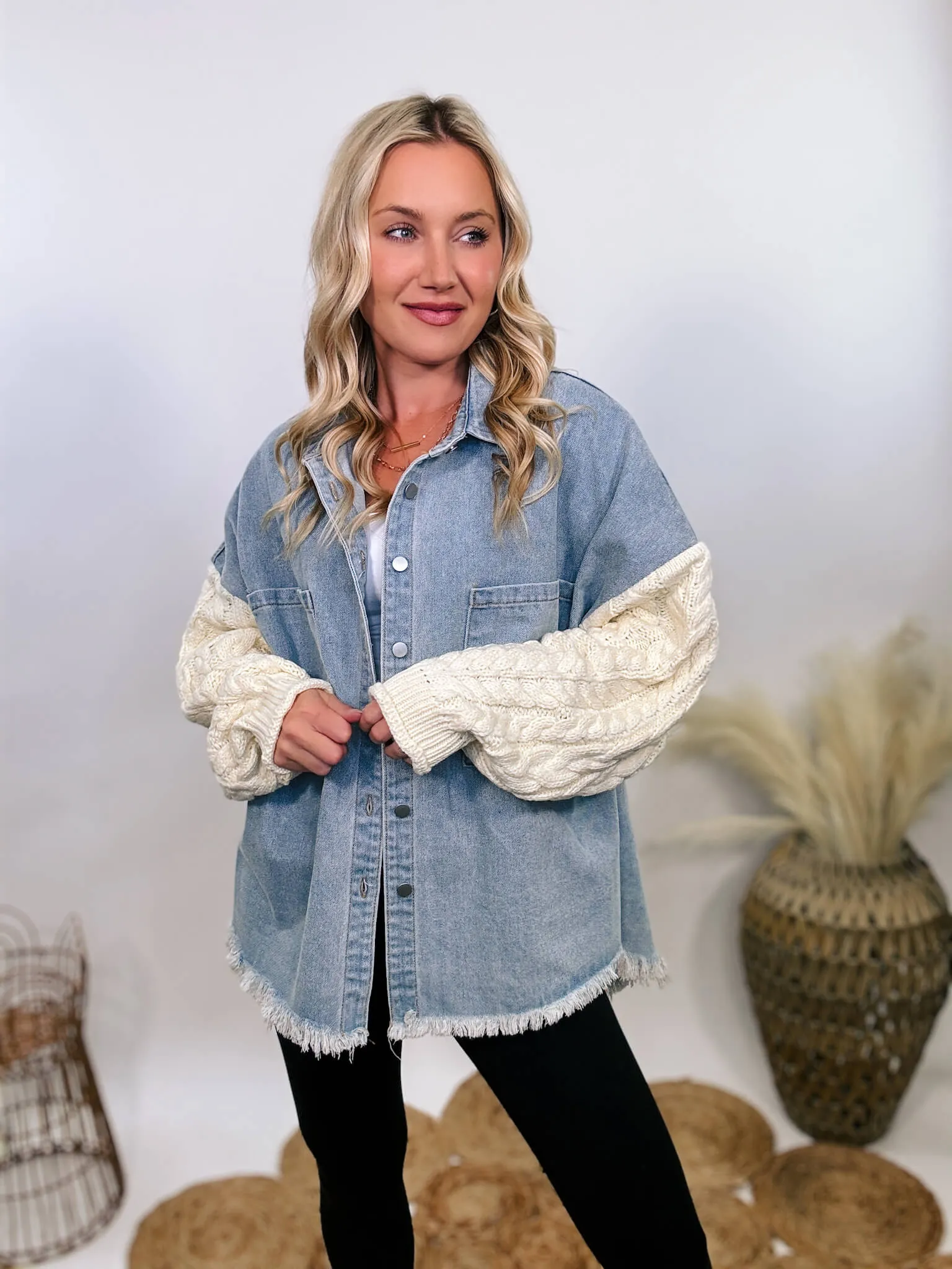 Light Denim Jacket with Cream Sweater Sleeves by POL