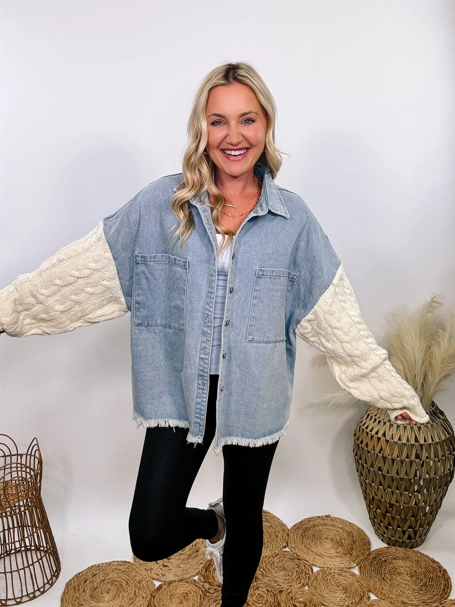 Light Denim Jacket with Cream Sweater Sleeves by POL