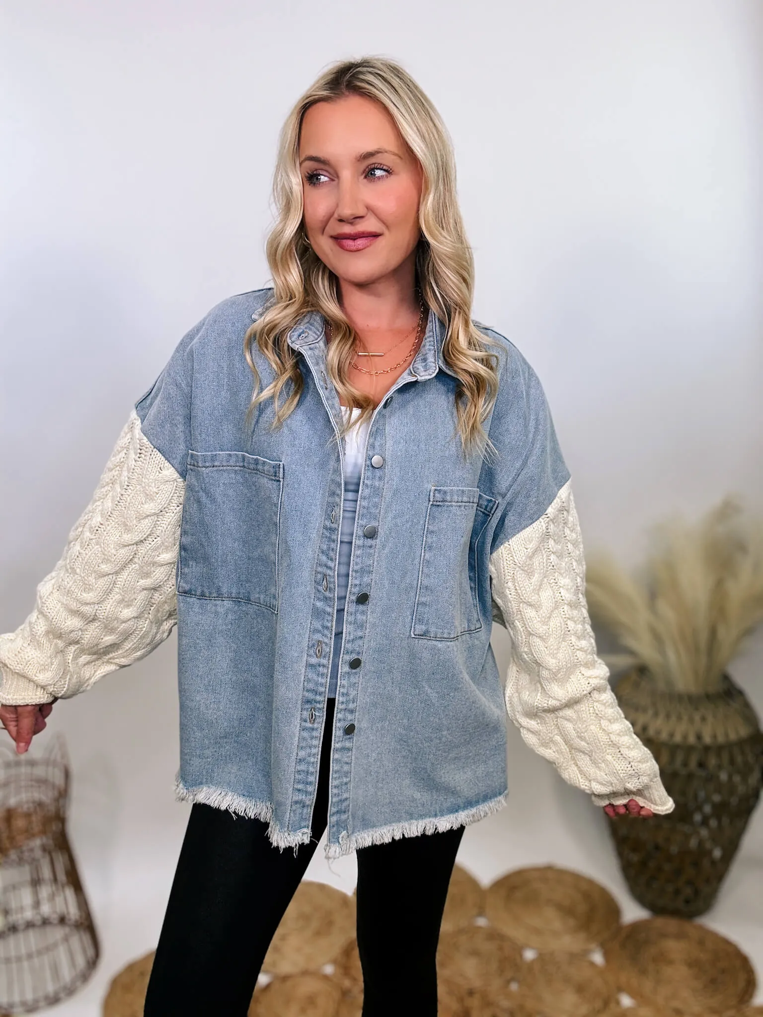 Light Denim Jacket with Cream Sweater Sleeves by POL