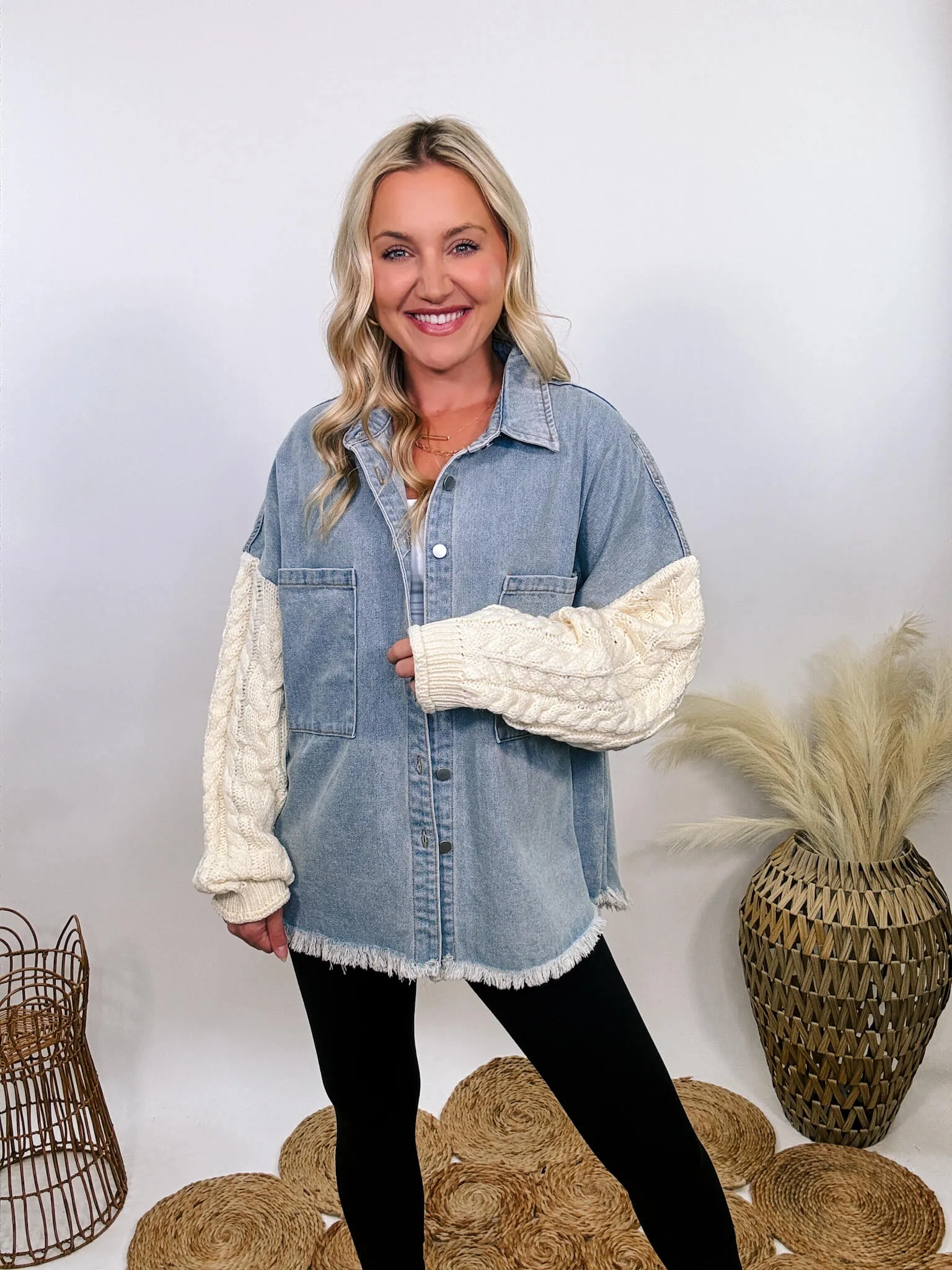 Light Denim Jacket with Cream Sweater Sleeves by POL