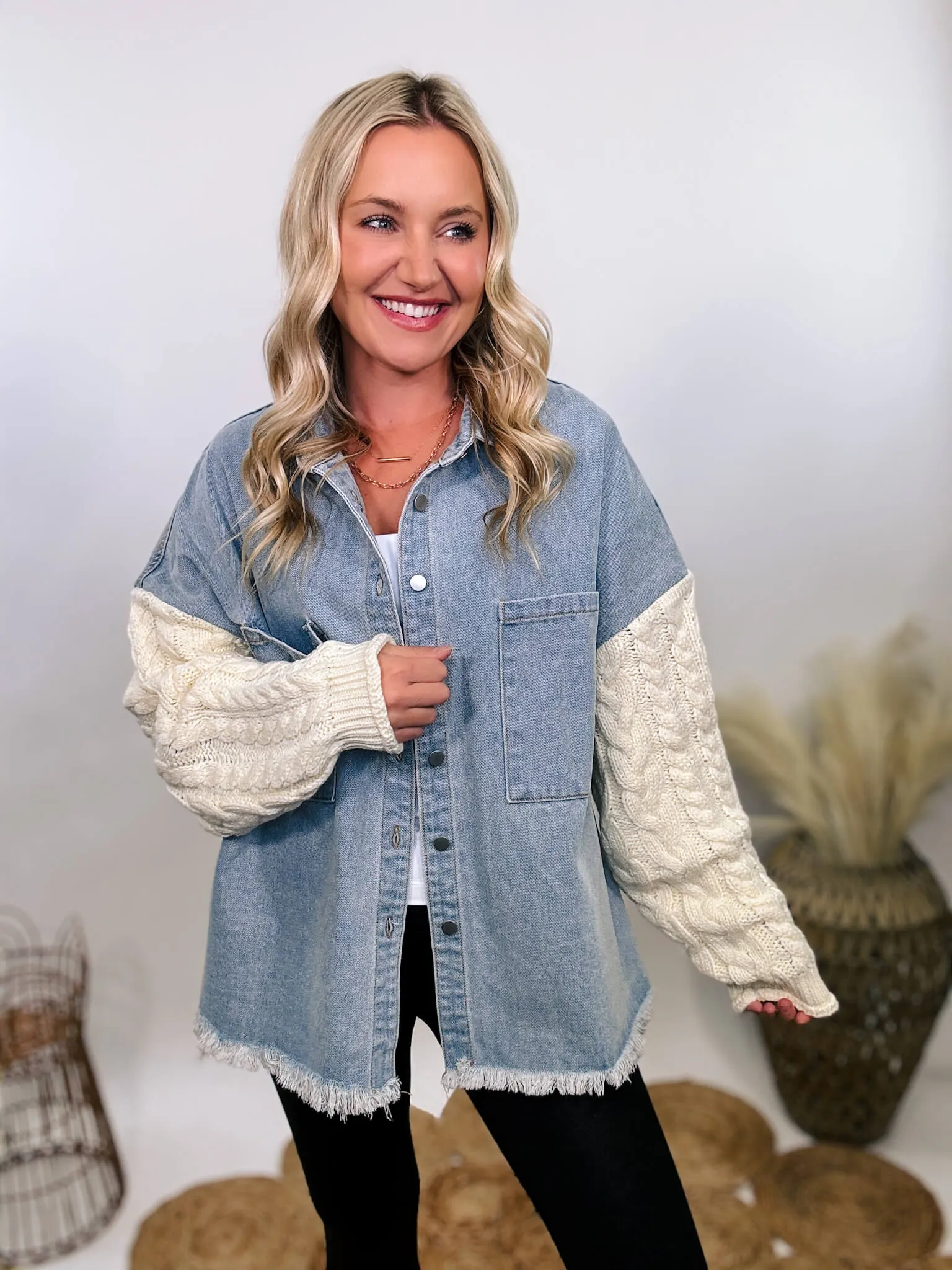 Light Denim Jacket with Cream Sweater Sleeves by POL