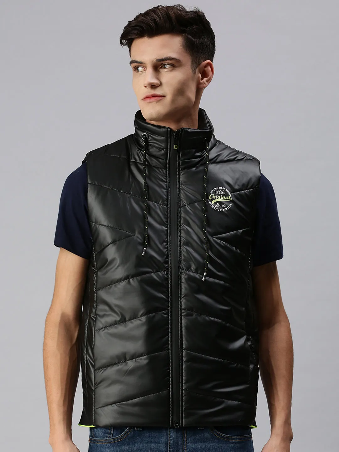 Men Solid Black Padded Jacket