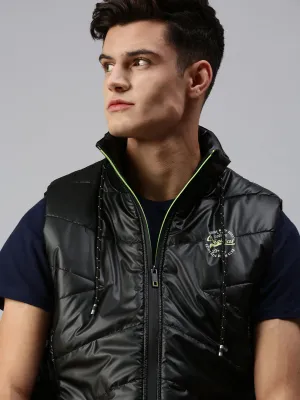 Men Solid Black Padded Jacket