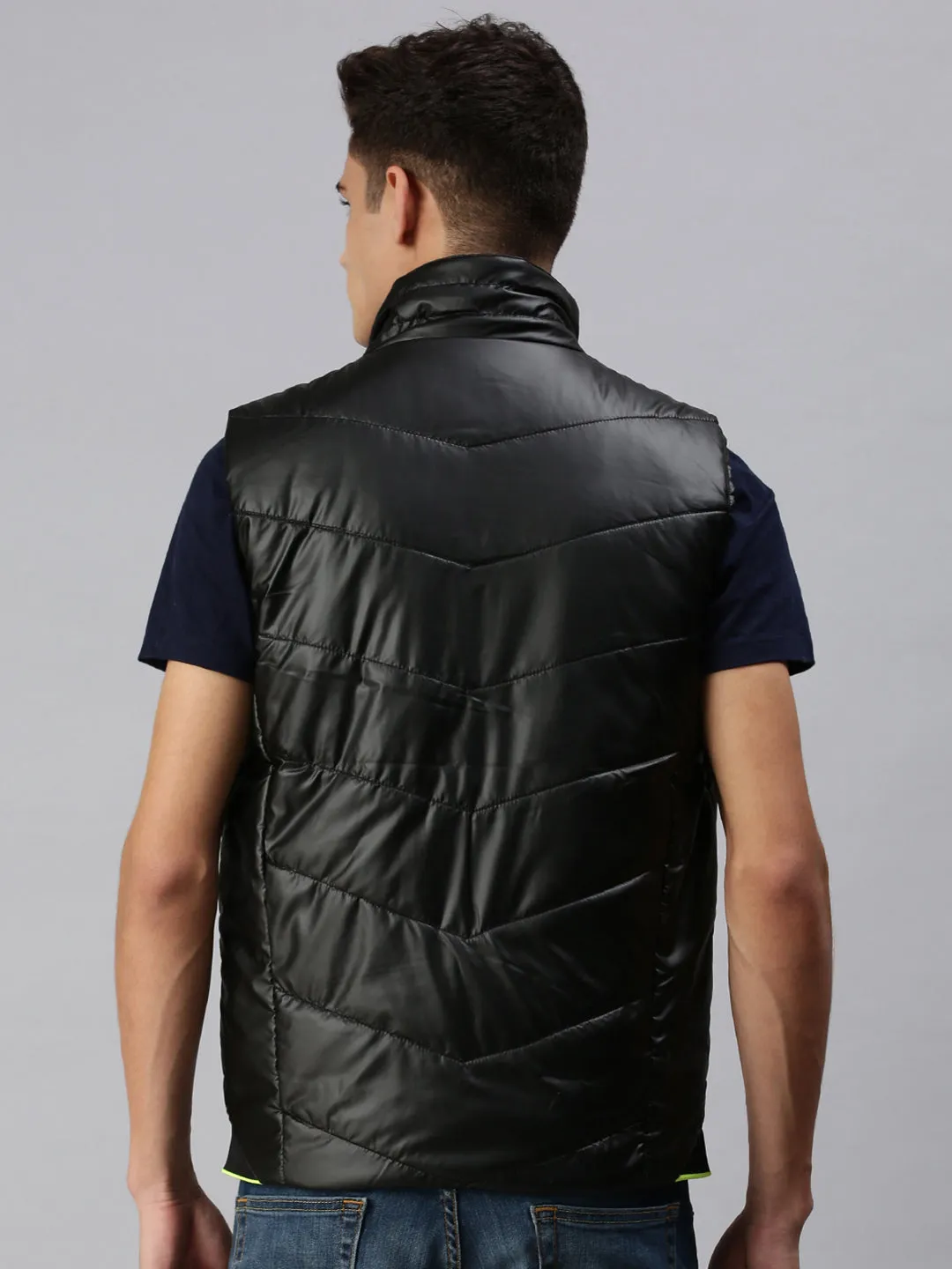 Men Solid Black Padded Jacket