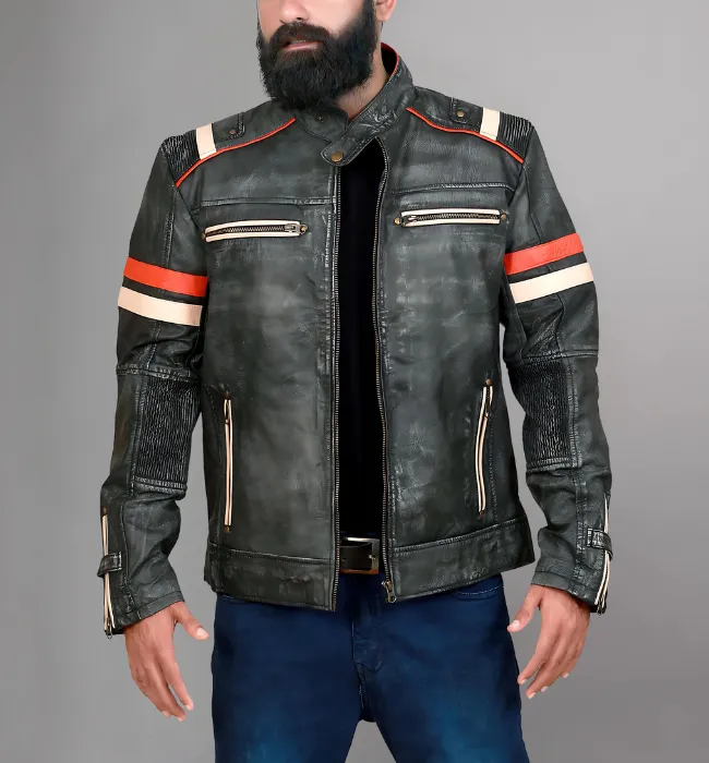 Men’s Cafe Racer Retro Moto Distressed Leather Jacket