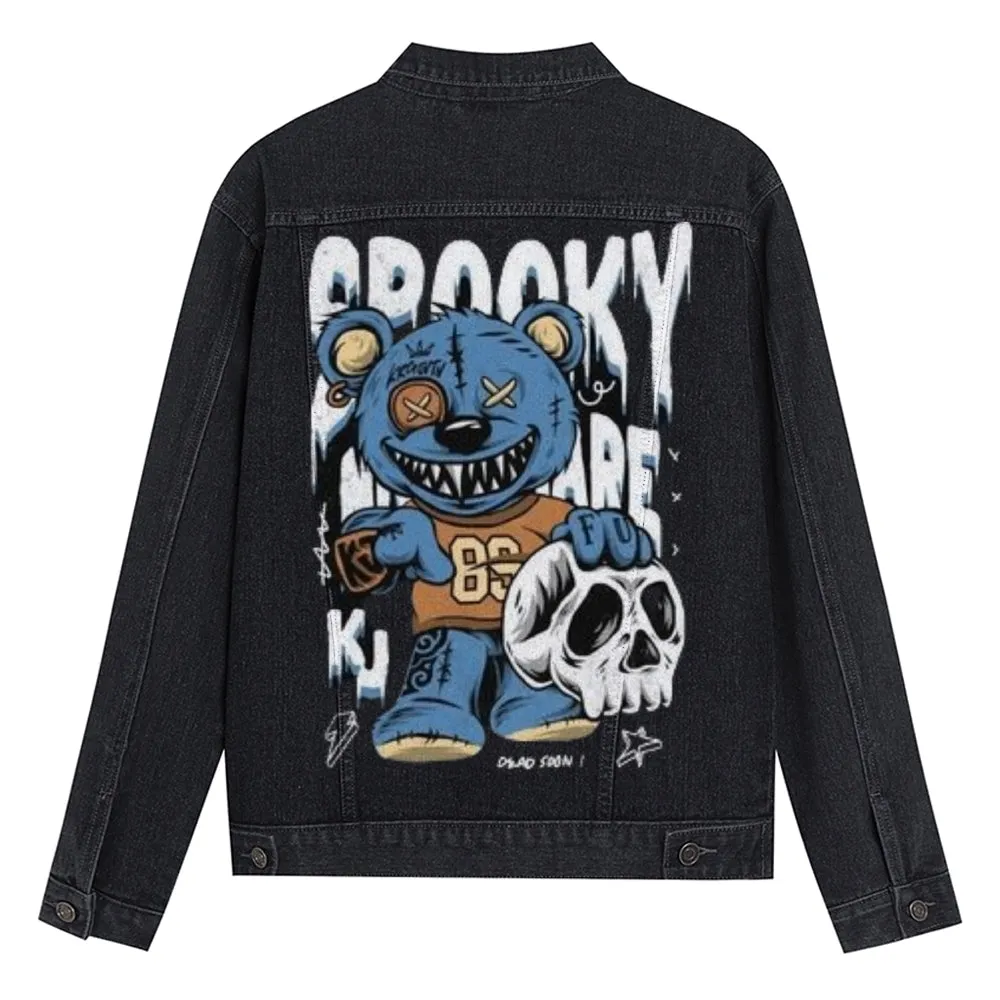 Mens Gothic Skull Bear Graphic Button Up Denim Jacket