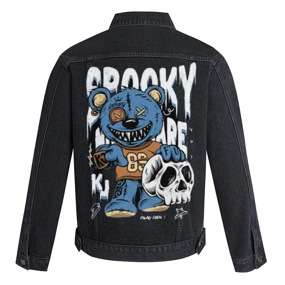 Mens Gothic Skull Bear Graphic Button Up Denim Jacket