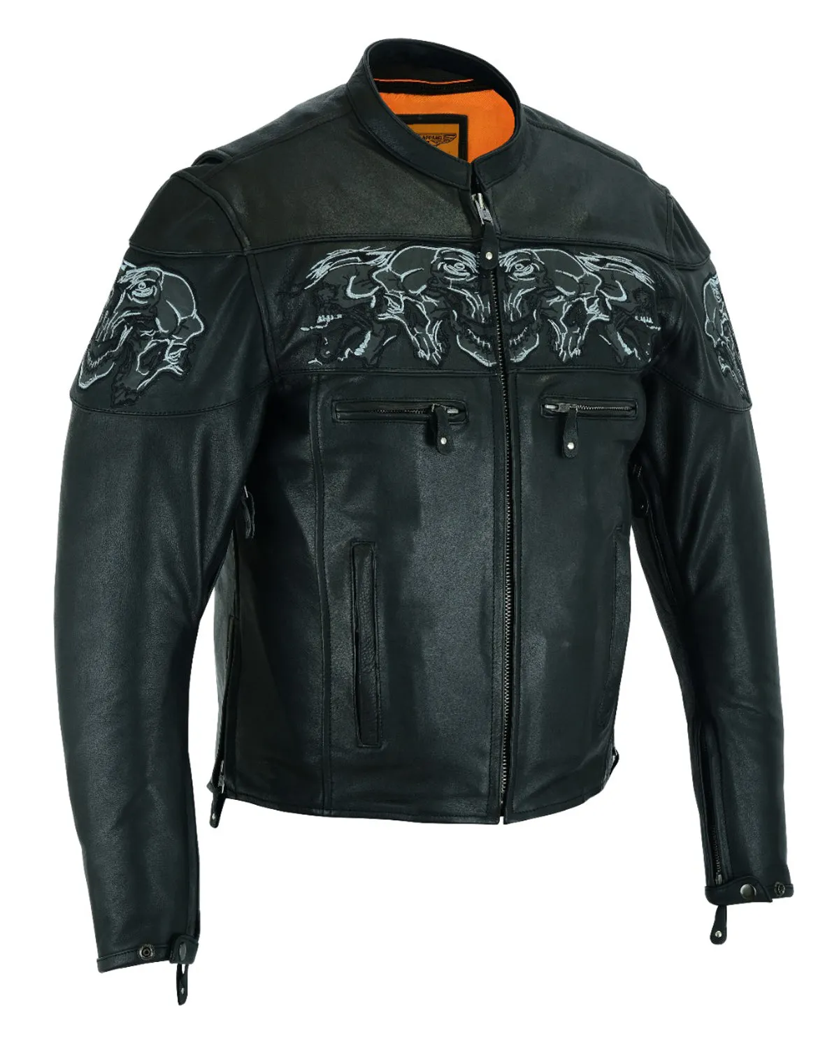 Men's Leather Concealed Carry Racing Jacket W/ Reflective Skulls