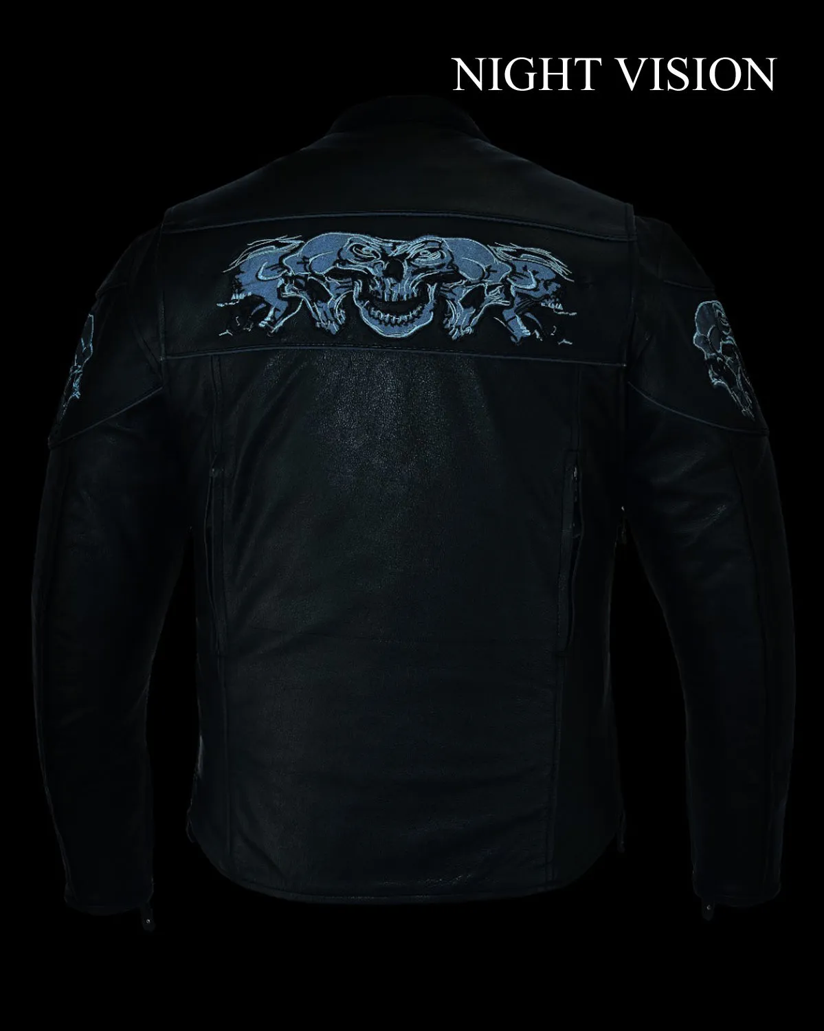 Men's Leather Concealed Carry Racing Jacket W/ Reflective Skulls