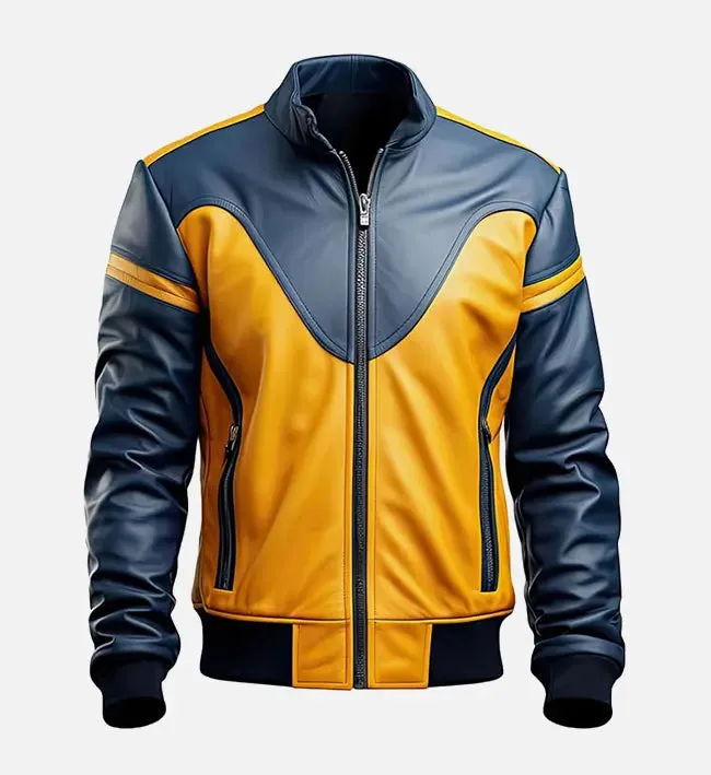 Men’s Mustard Yellow Blue Motorbike Bomber Leather Jacket