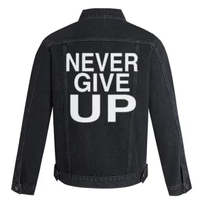 Mens NEVER GIVE UP Graphic Button Up Denim Jacket