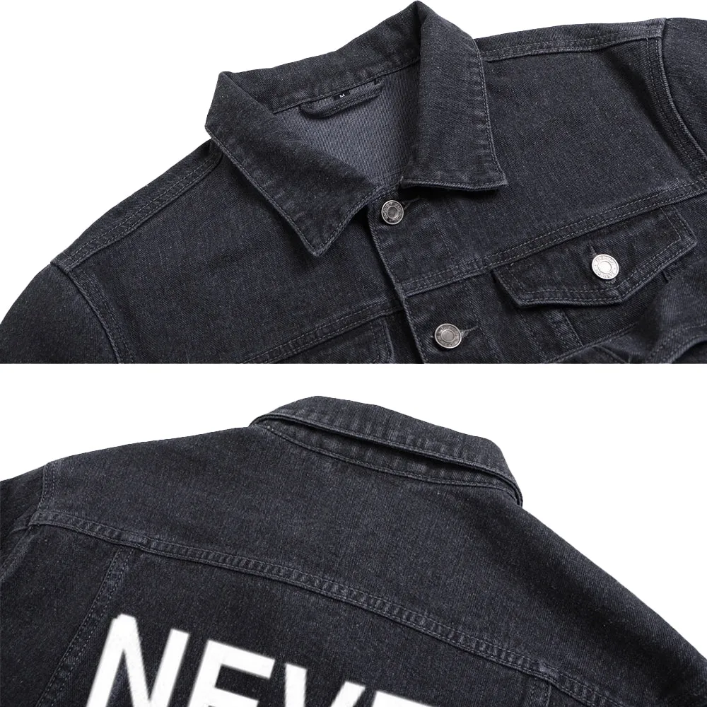 Mens NEVER GIVE UP Graphic Button Up Denim Jacket