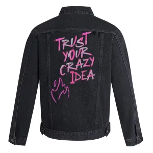 Mens TRUST YOUR CRAZY IDEAS Graphic Button Up Denim Jacket