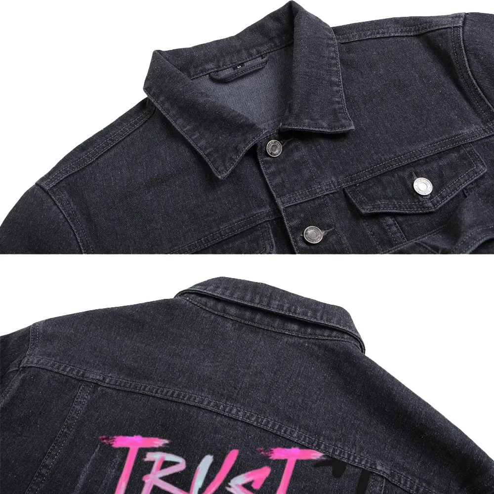 Mens TRUST YOUR CRAZY IDEAS Graphic Button Up Denim Jacket