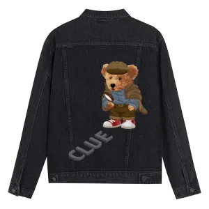 Mens Vintage Cartoon Cute Bear Detective Prints Denim Jacket