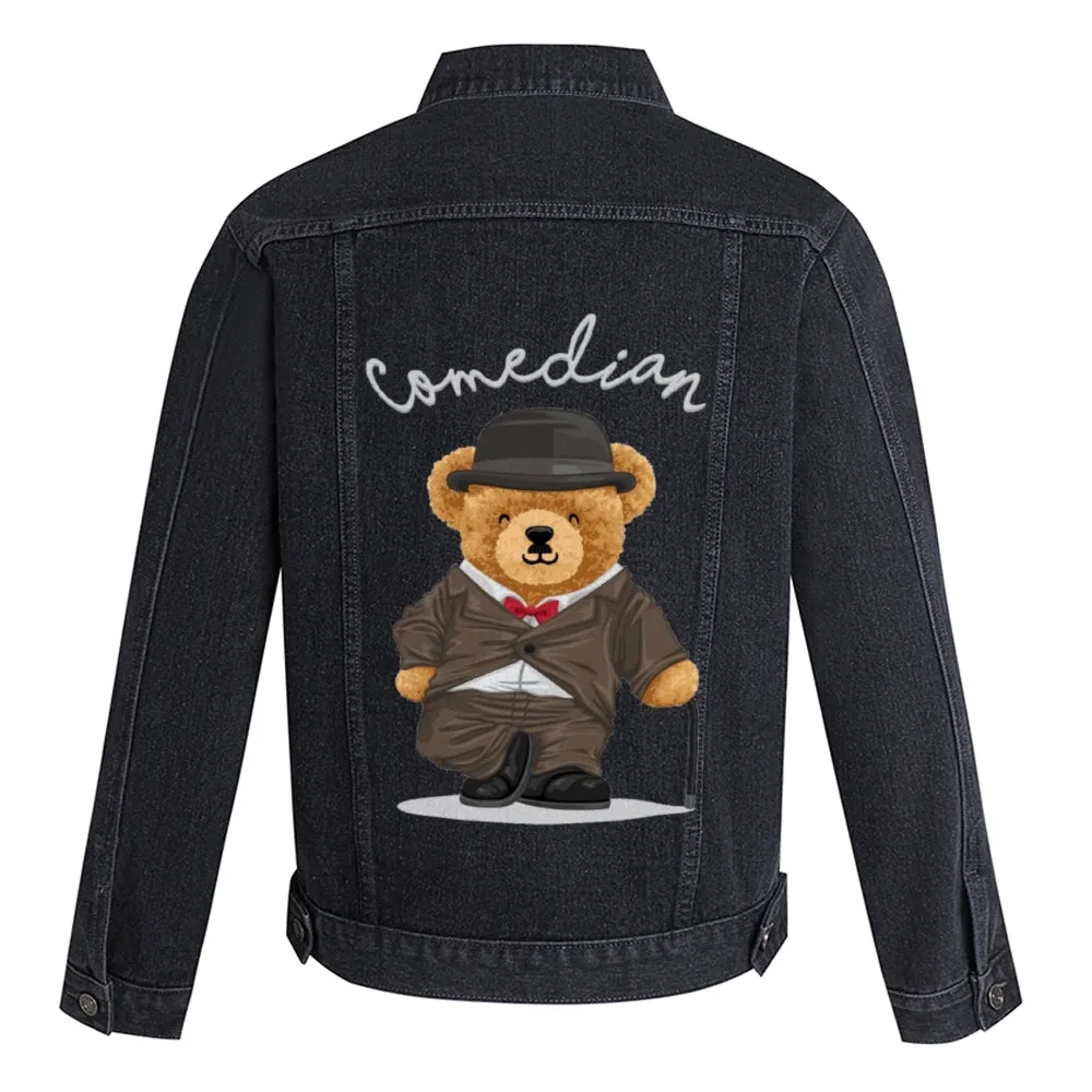 Mens Vintage Cartoon Cute Comedian Bear Prints Denim Jacket