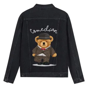 Mens Vintage Cartoon Cute Comedian Bear Prints Denim Jacket