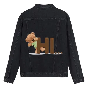 Mens Vintage Cartoon Cute Hi Bear Prints Denim Jacket