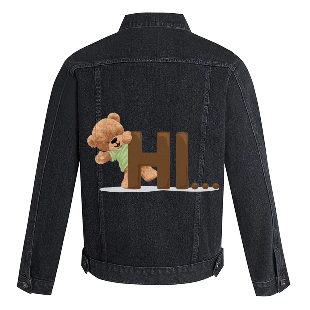 Mens Vintage Cartoon Cute Hi Bear Prints Denim Jacket