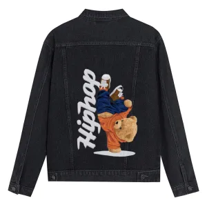 Mens Vintage Cartoon Cute Hiphop Bear Prints Denim Jacket