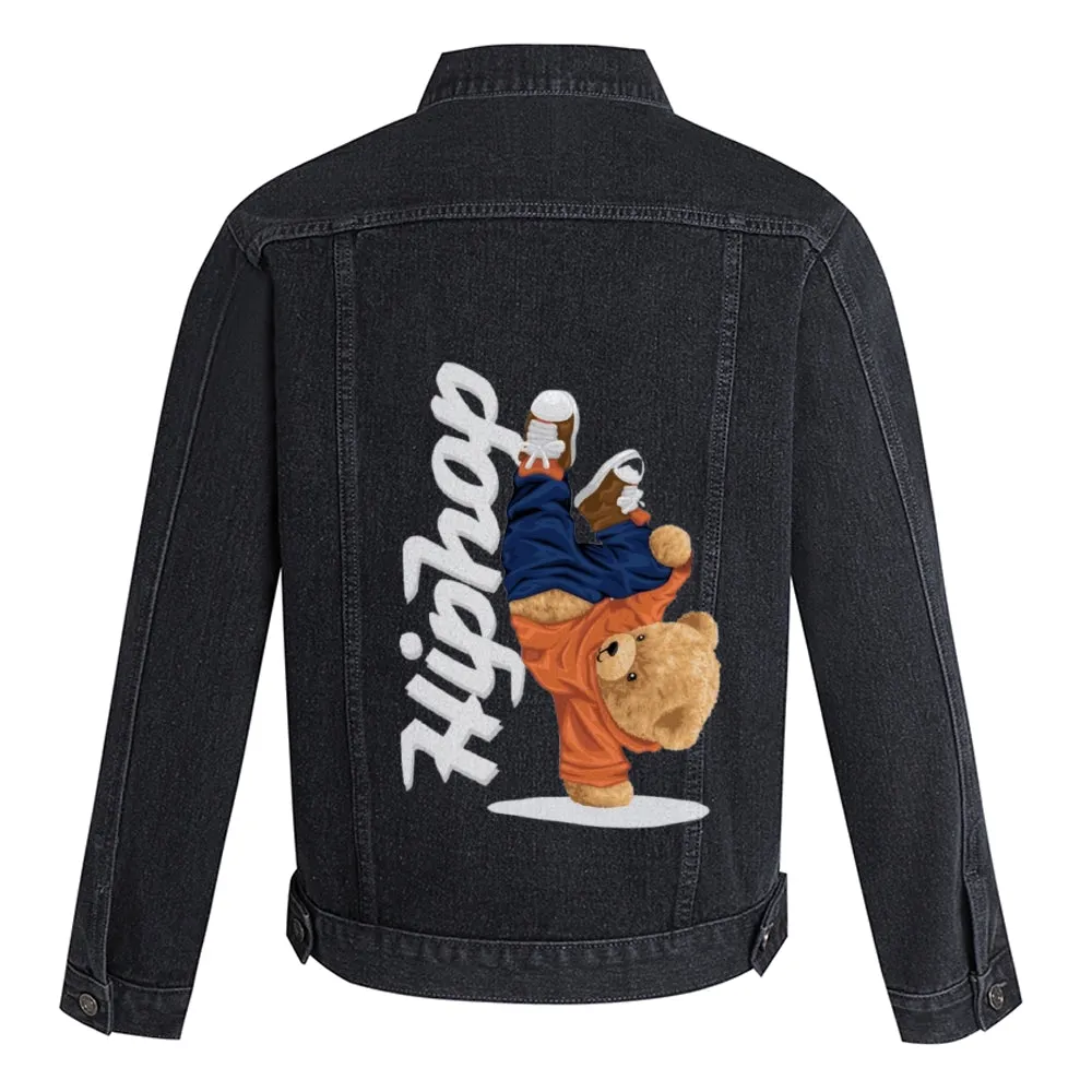 Mens Vintage Cartoon Cute Hiphop Bear Prints Denim Jacket