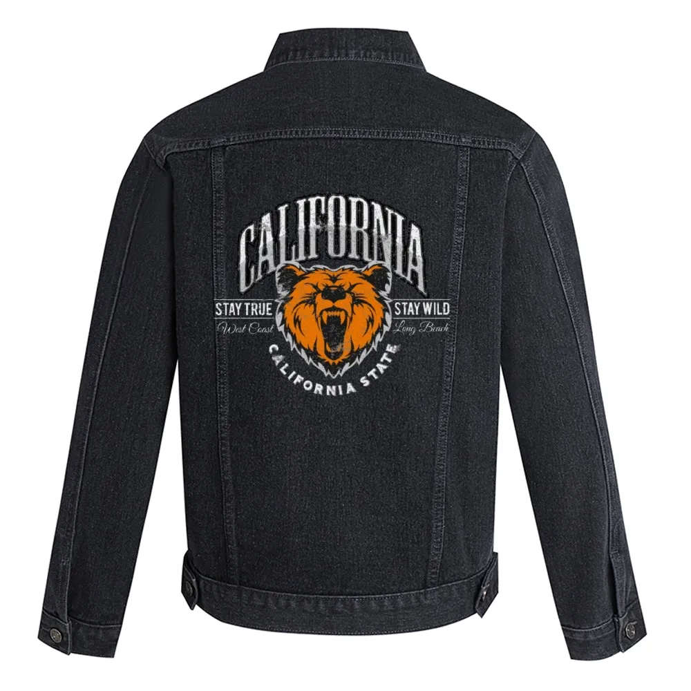 Mens Vintage Cartoon Prints CALIFORNIA STAY TRUE STAY WILD CALIFORNIASTATE Denim Jacket