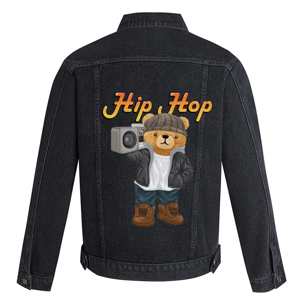 Mens Vintage Cartoon Prints Cute Bear Hip Hop Denim Jacket