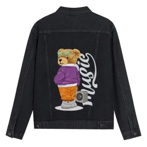 Mens Vintage Cartoon Prints Cute Bear Music Denim Jacket