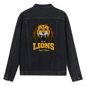 Mens Vintage Cartoon Prints LIONS Sport Team Denim Jacket